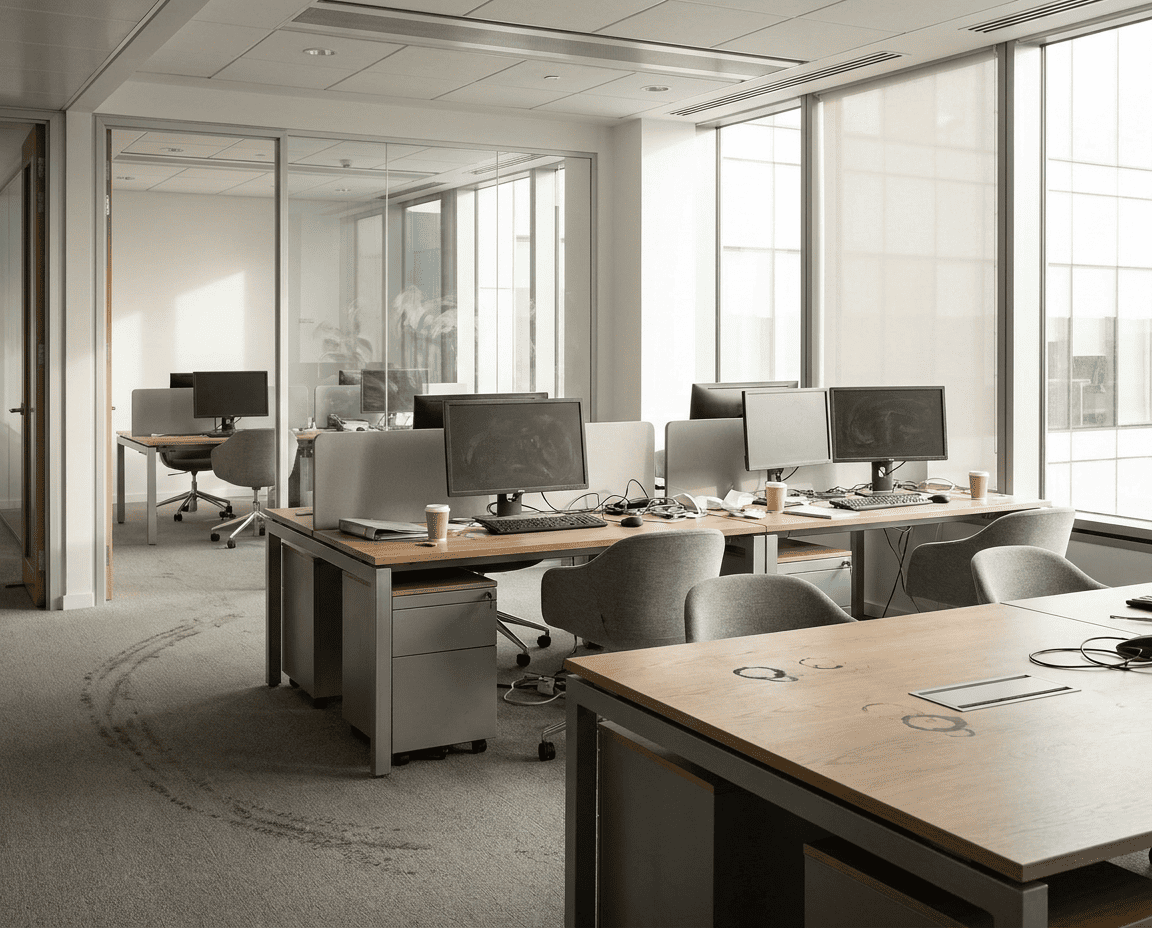 Firefly_Gemini Flash_Modern office interior before professional cleaning, fingerprints on glass walls, dus 76417